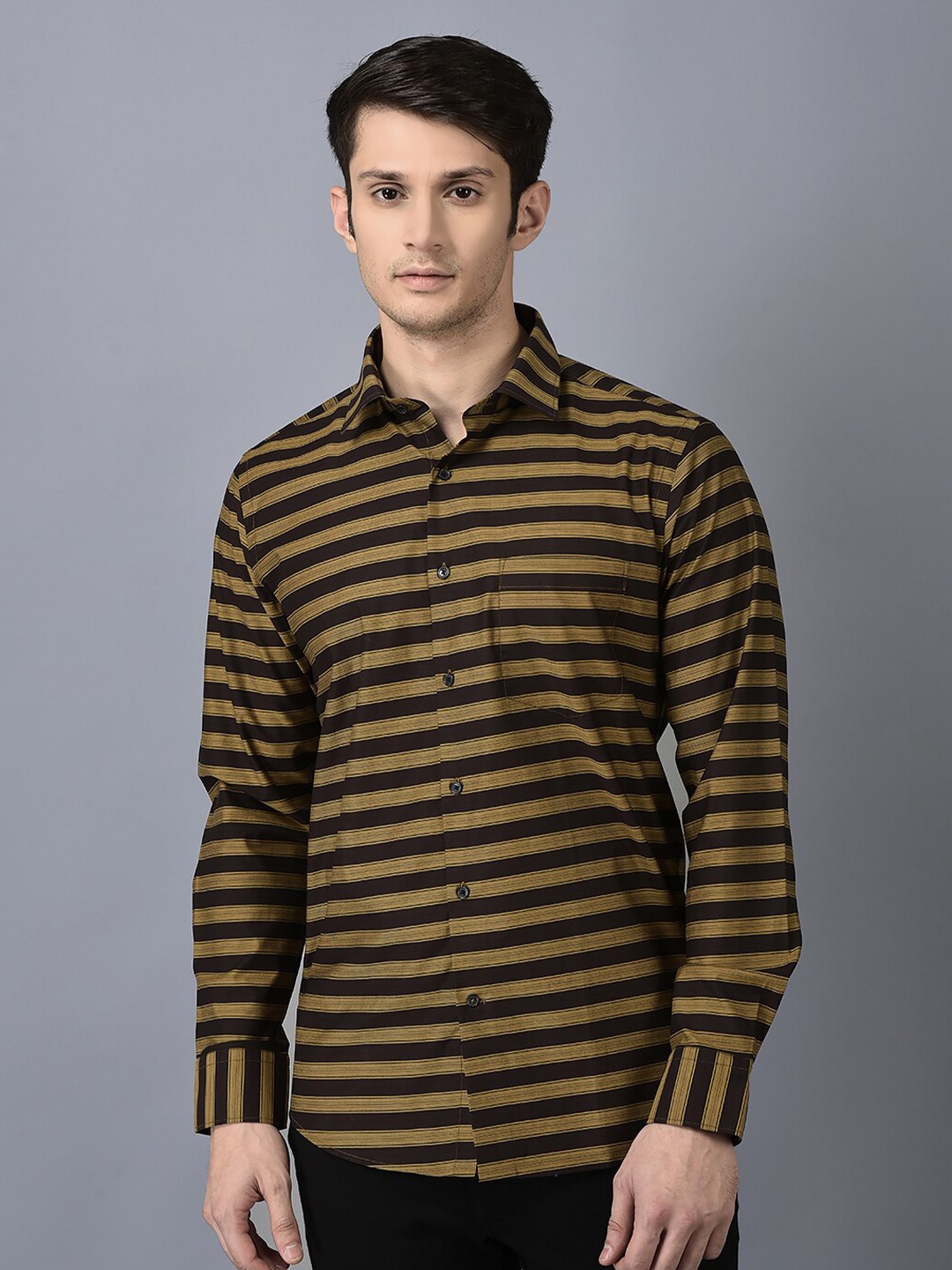 

CANOE Smart Horizontal Striped Twill Pure Cotton Casual Shirt, Brown