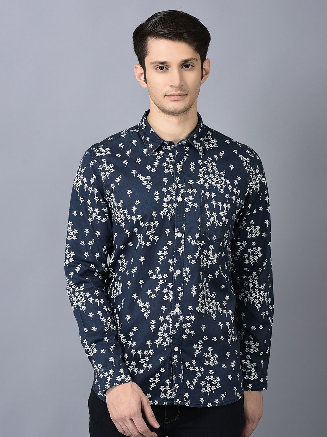 

CANOE Floral Printed Long Sleeves Pure Cotton Casual Shirt, Navy blue