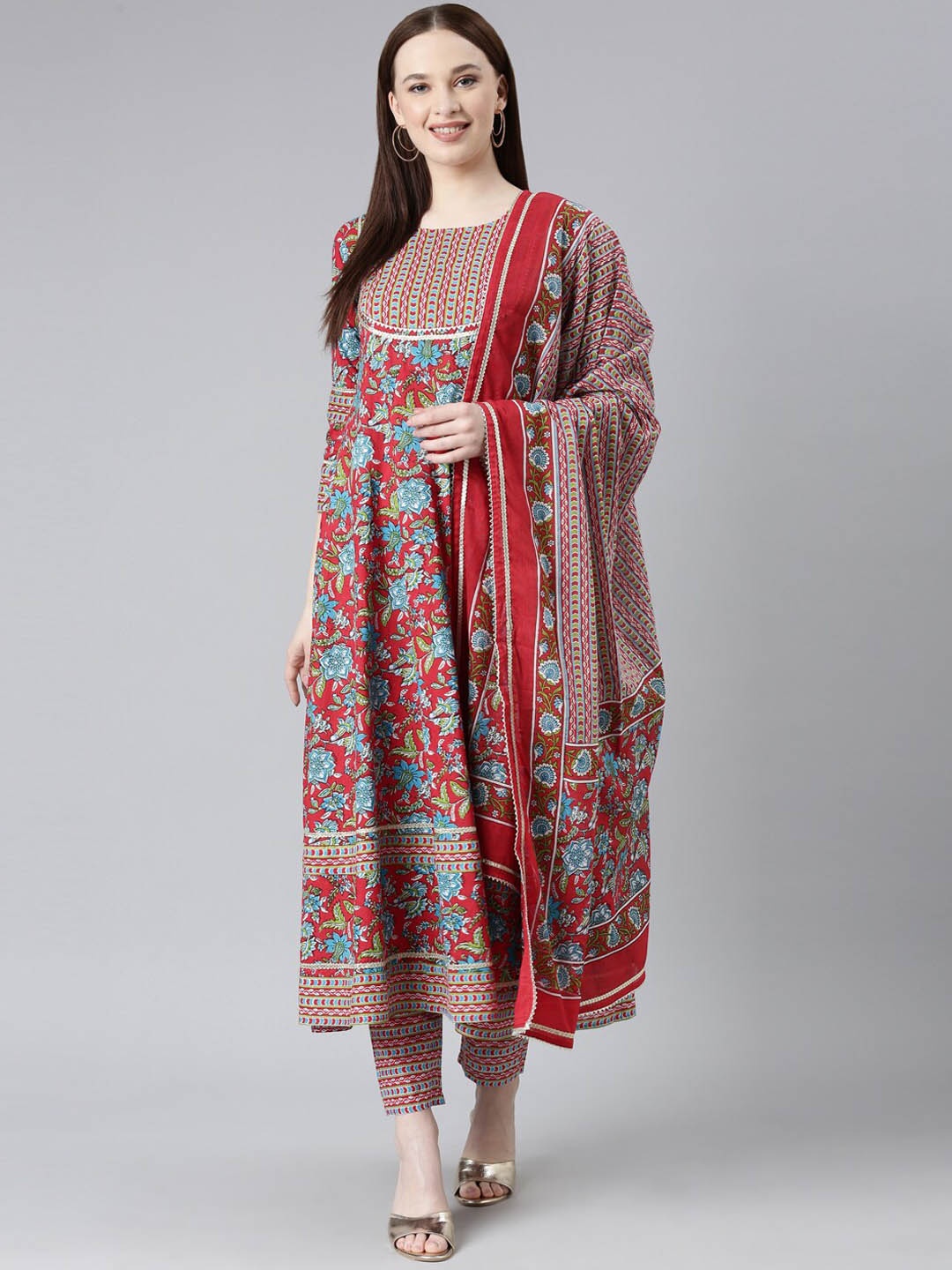 

ERISHA Ethnic Motifs Printed Gotta Patti Pure Cotton Kurta With Trousers & Dupatta, Red