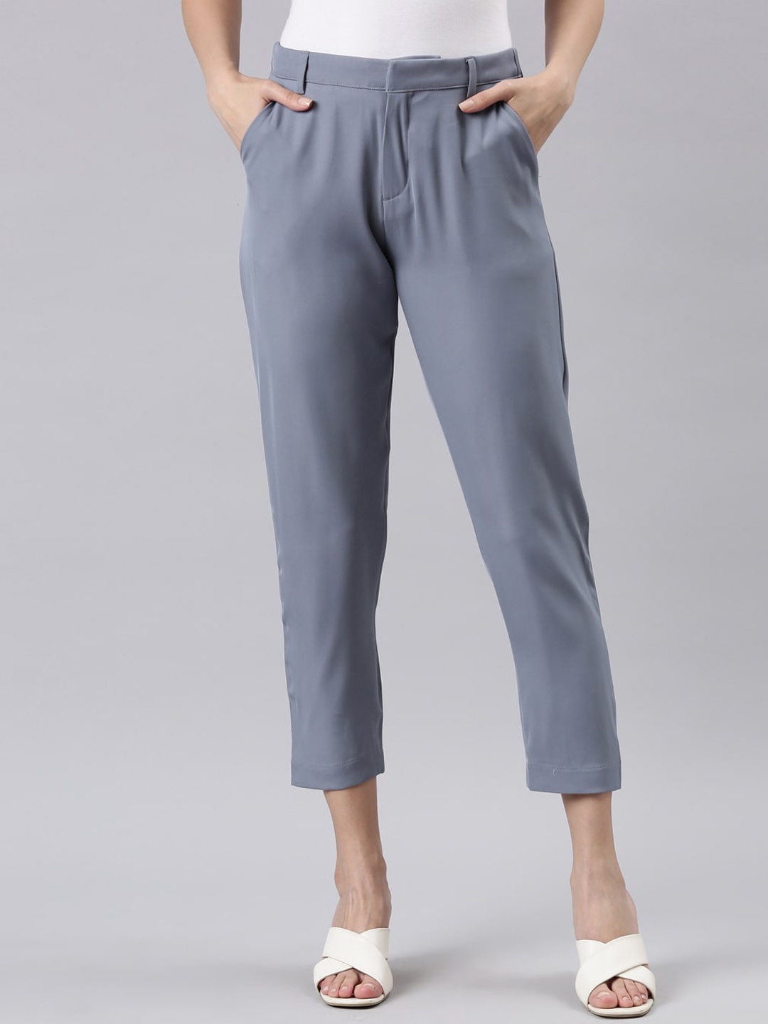 

Go Colors Women Tailored Tapered Fit Pleated Trousers, Blue
