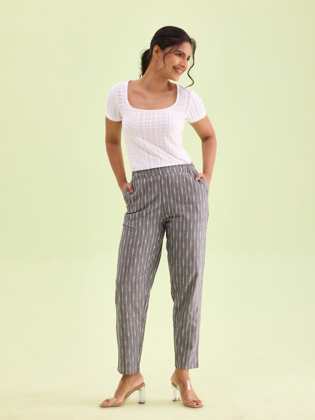 

Go Colors Women Striped Tailored Tapered Fit Trousers, Grey