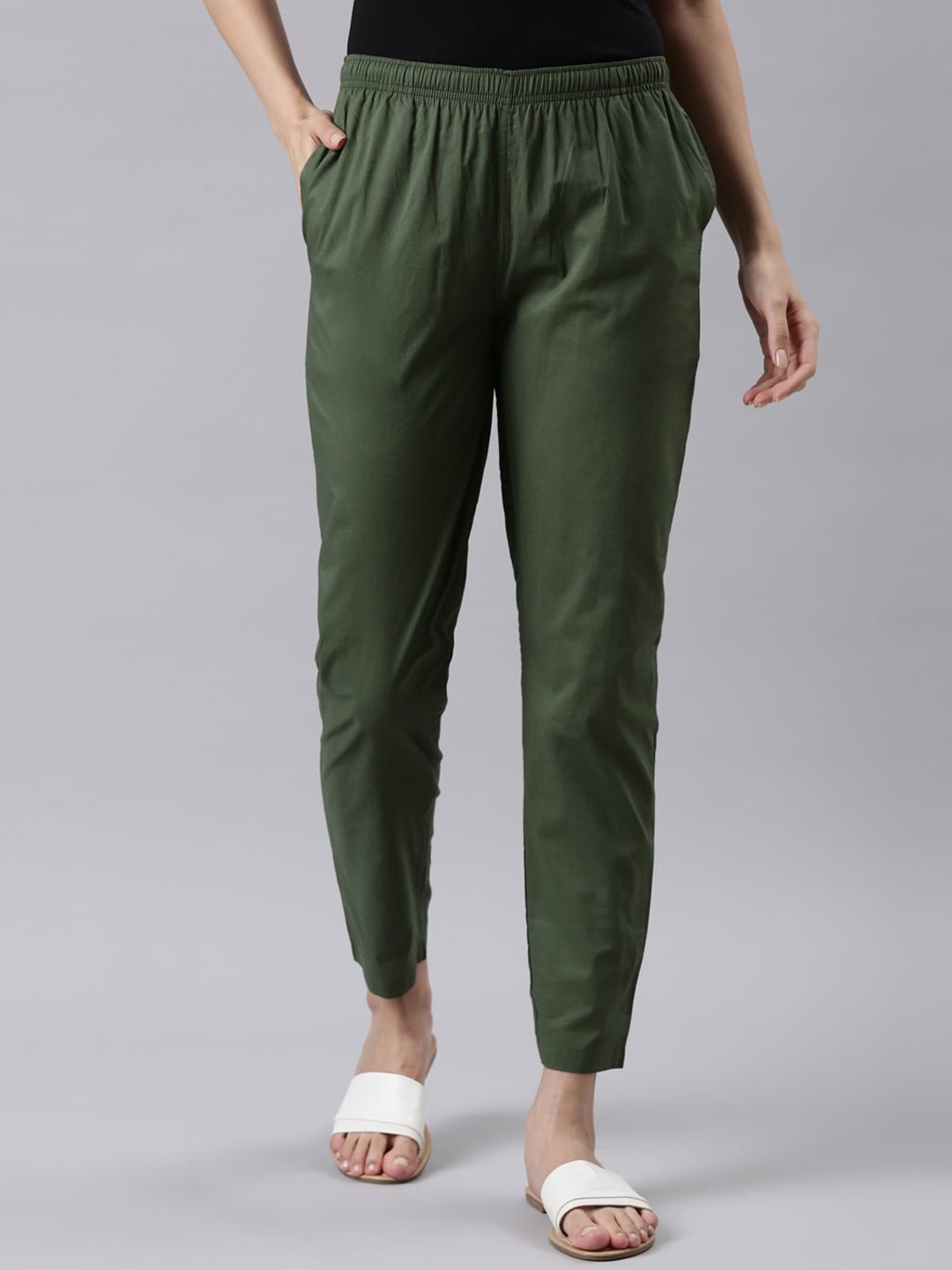 

Go Colors Women Tailored Tapered Fit Cotton Trousers, Olive