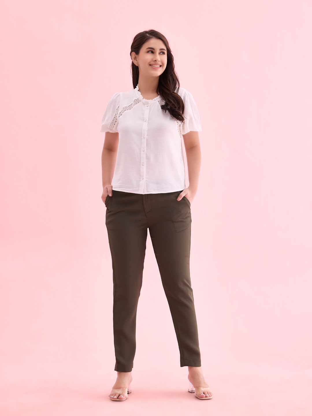 

Go Colors Women Tailored Tapered Fit Trousers, Olive