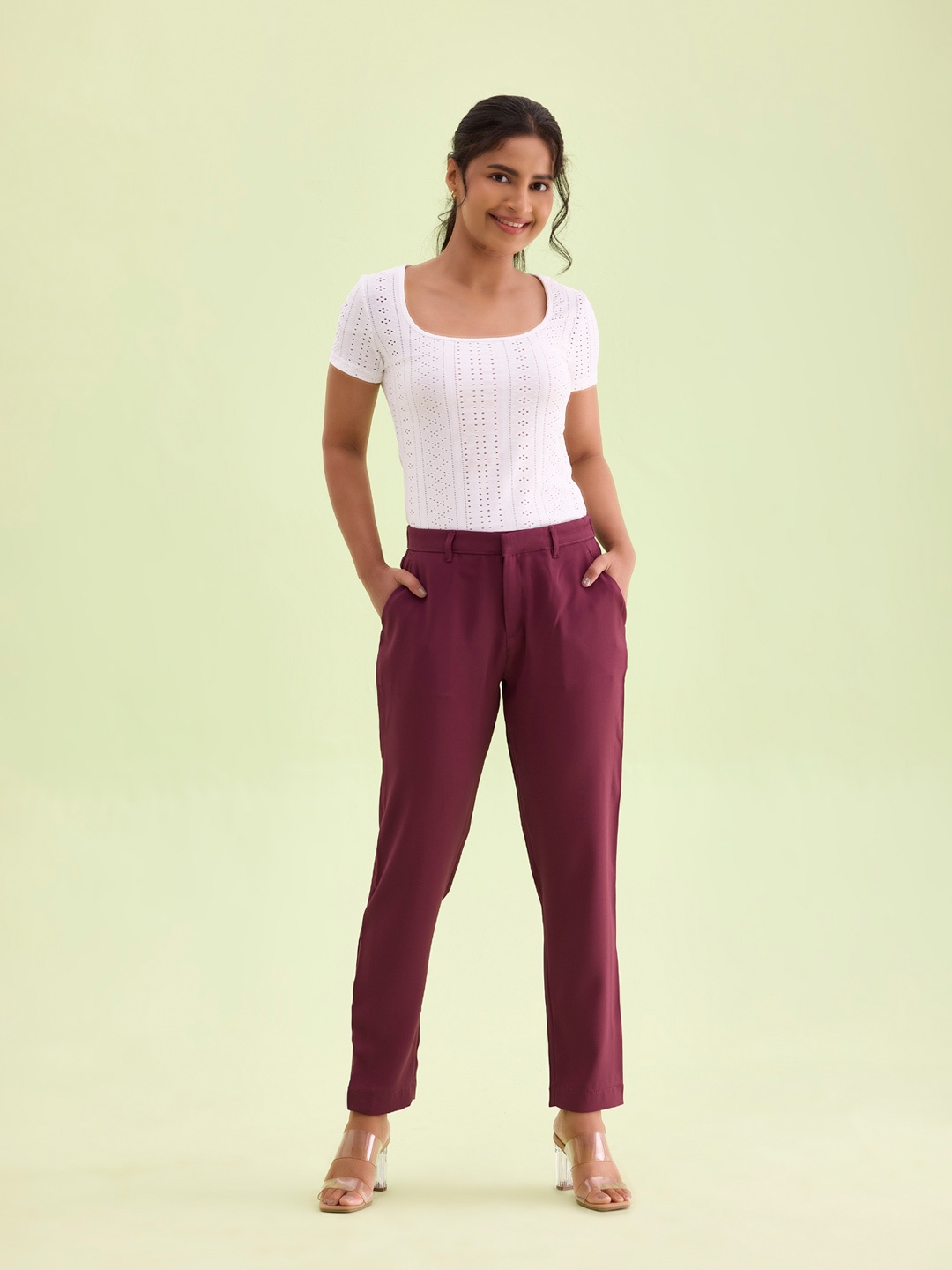 

Go Colors Women Tailored Tapered Fit Pleated Trousers, Red