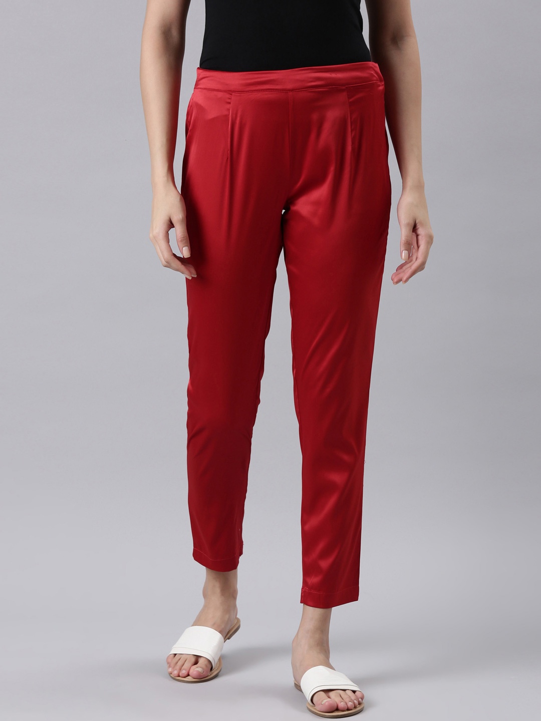 

Go Colors Women Smart Slim Fit Pleated Trousers, Red