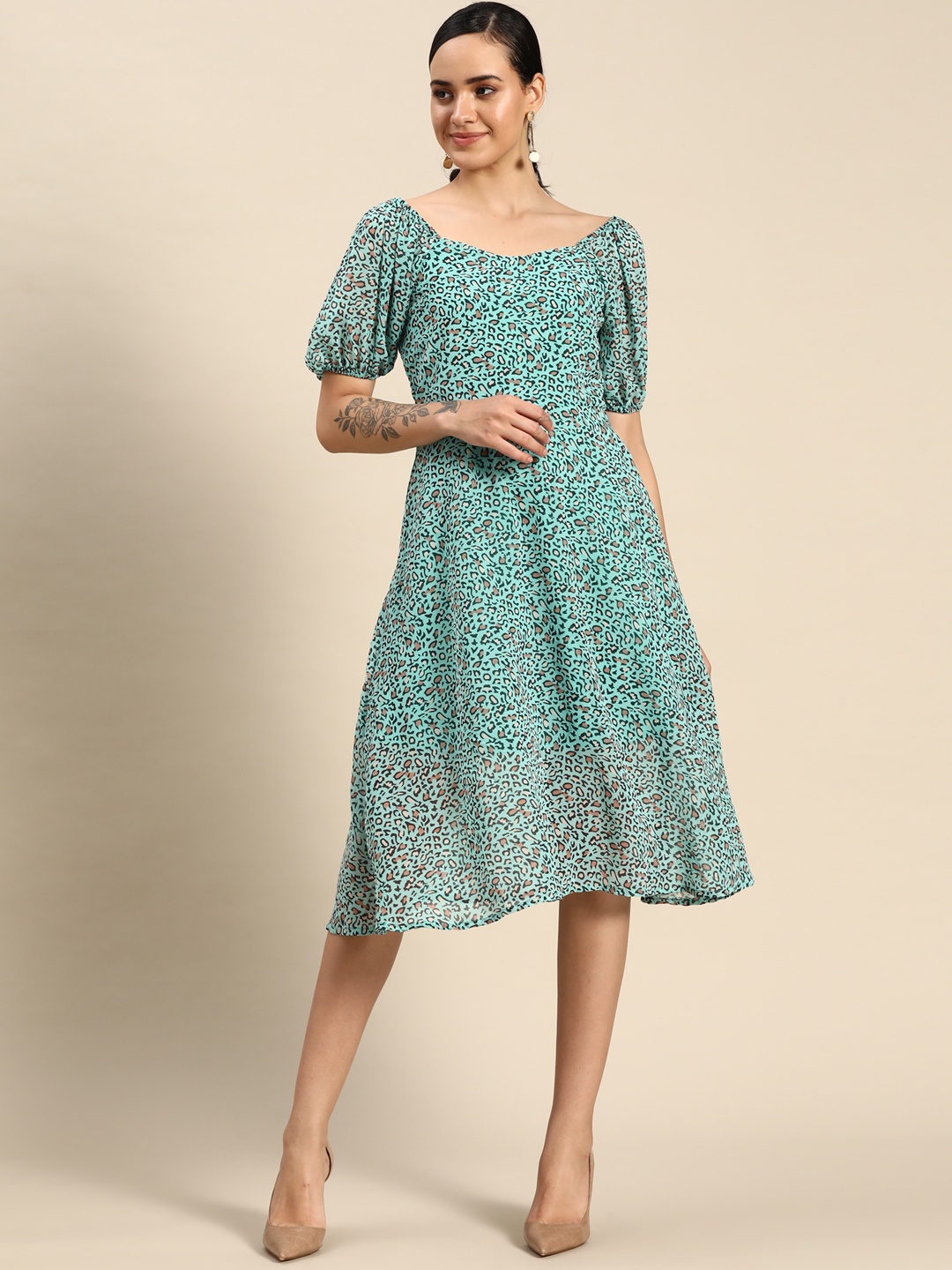 

DODO & MOA Floral Print Puff Sleeves Satin A-Line Dress, Blue