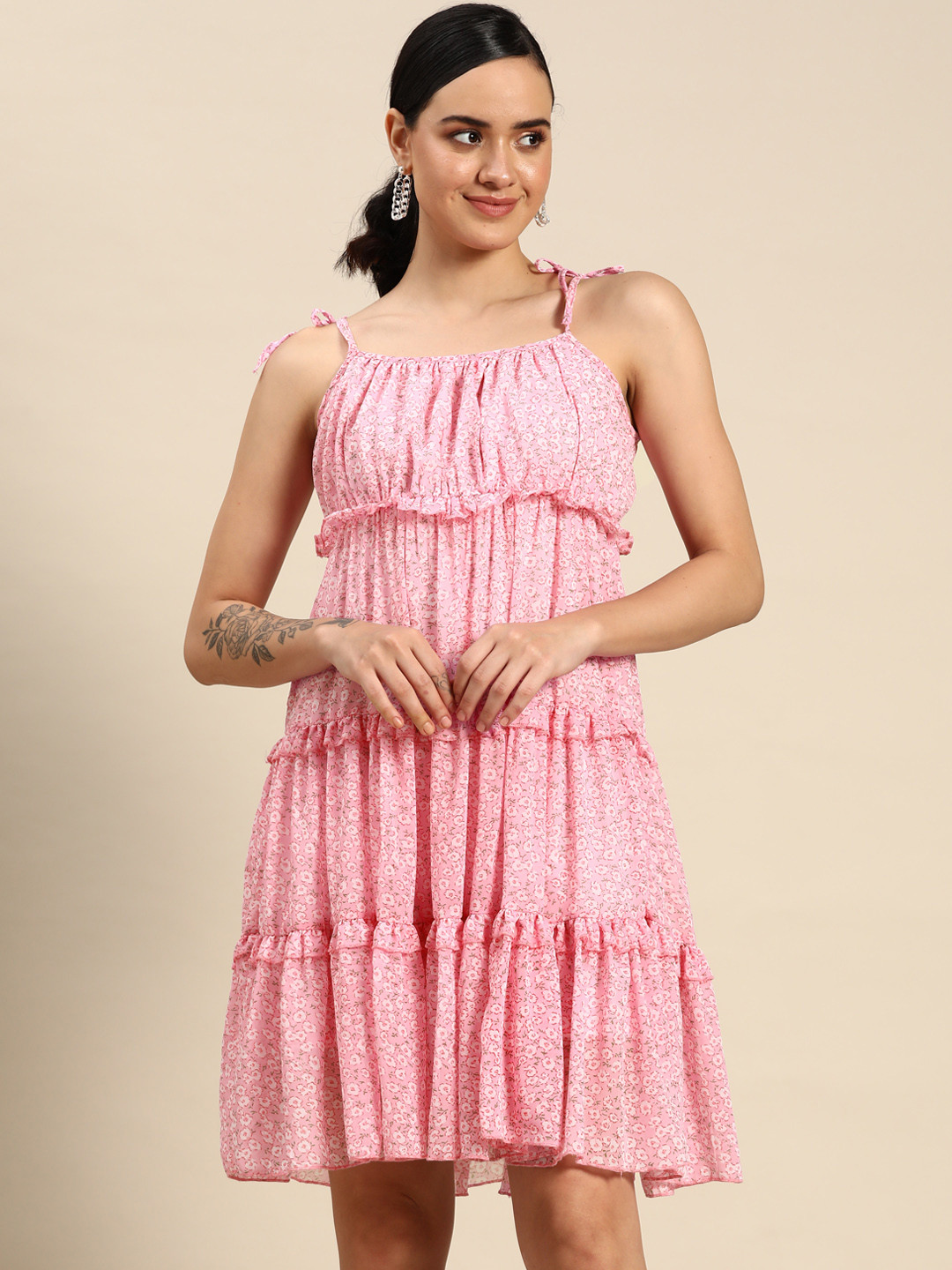 

DODO & MOA Floral Print Georgette Fit & Flare Dress, Pink