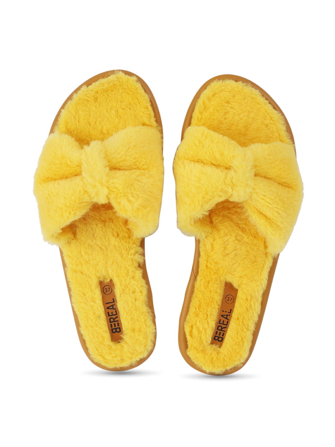 

BEREAL Women One Toe Fur Room Slippers With Bows, Yellow
