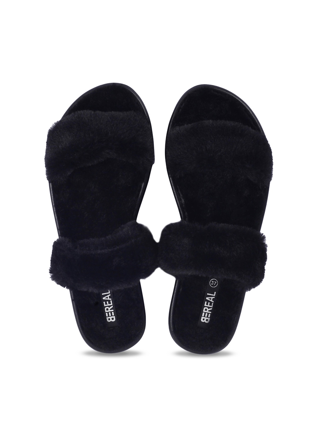 

BEREAL Women Puff Fur Room Slippers, Black