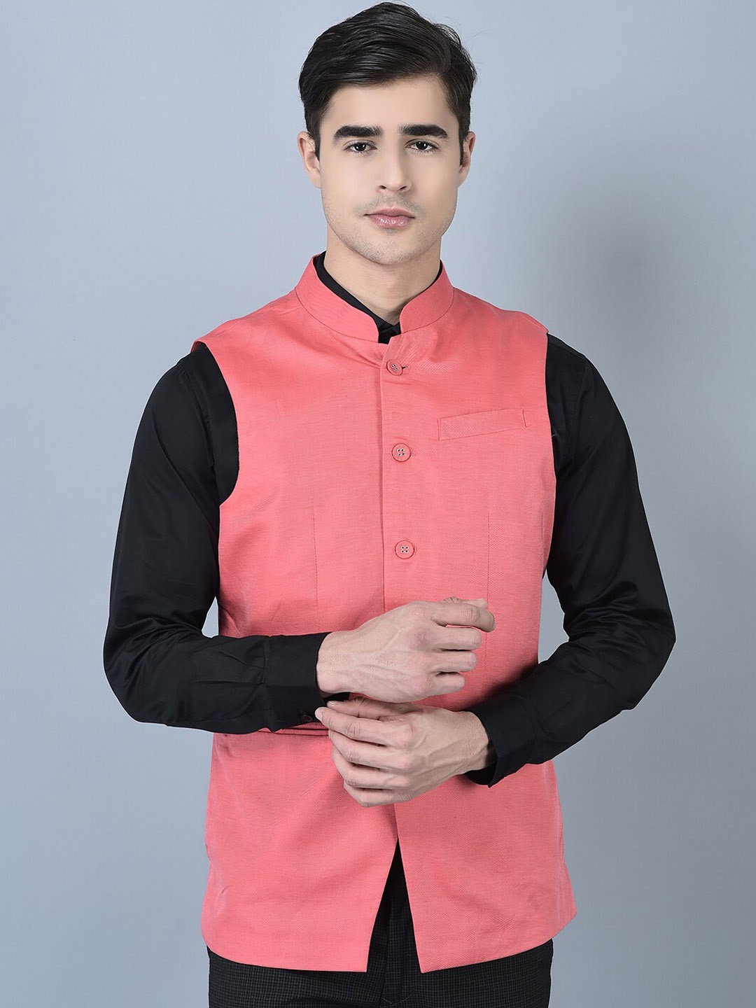

CANOE Pure Linen Woven Nehru Jacket, Peach