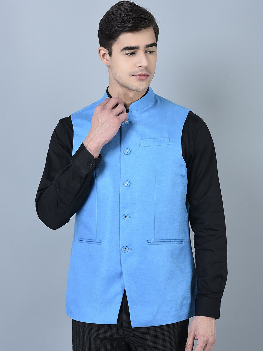 

CANOE Mandarin Collar Woven Linen Nehru Jacket, Blue