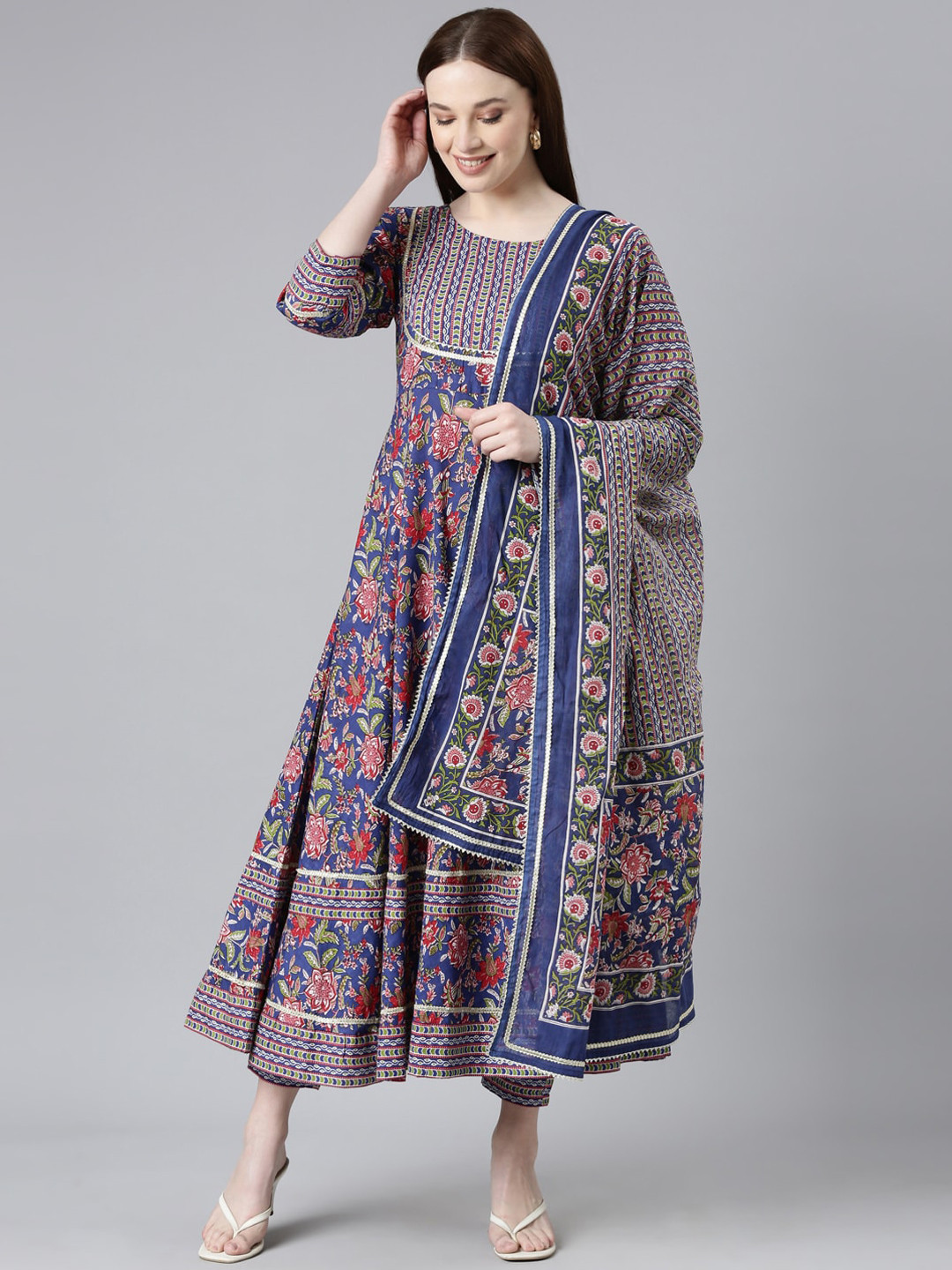 

KALINI Floral Printed Gotta Patti Pure Cotton Kurta with Trousers & Dupatta, Blue