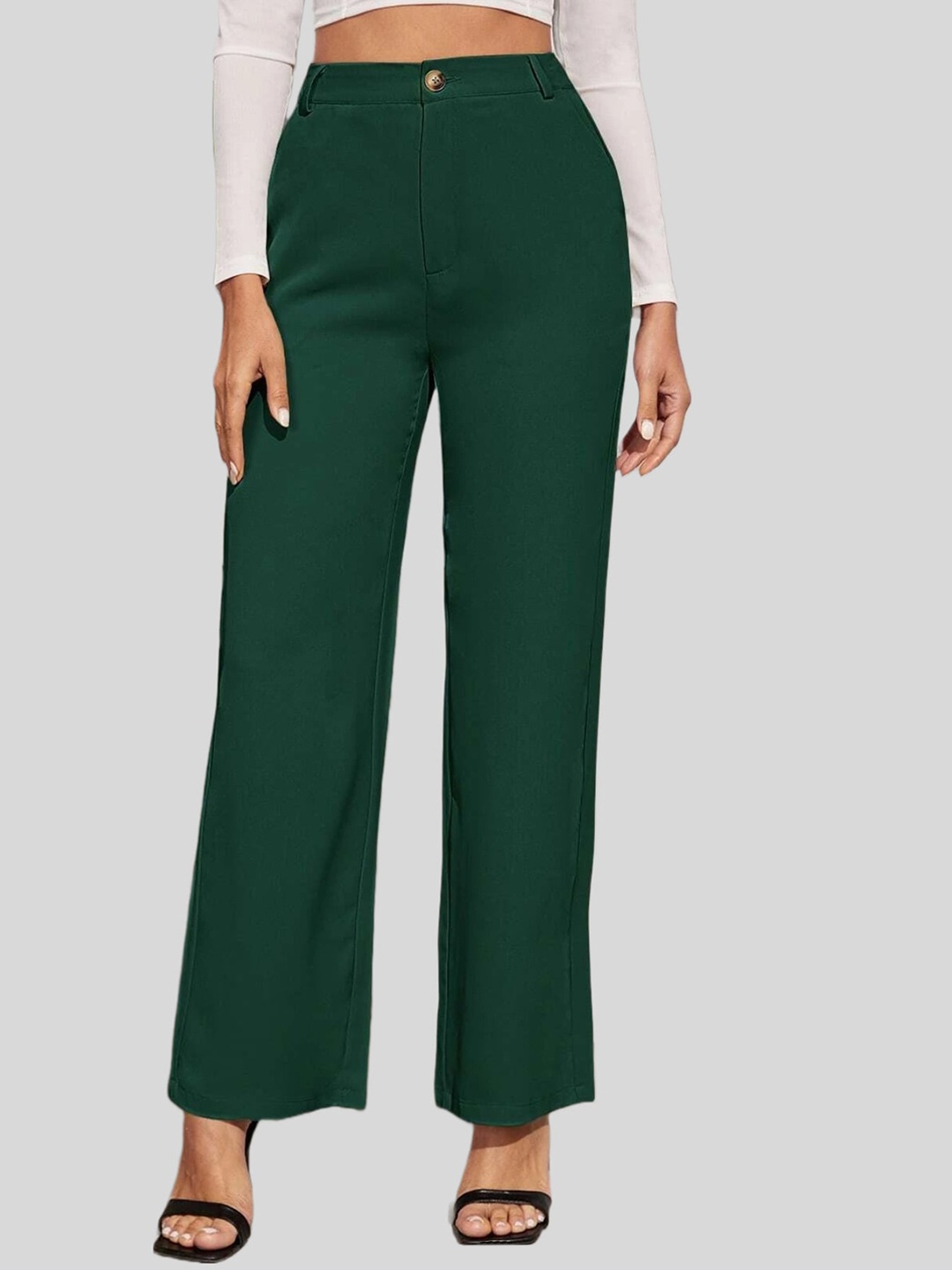 

FNOCKS Women Straight Fit Cotton High-Rise Parallel Trousers, Green