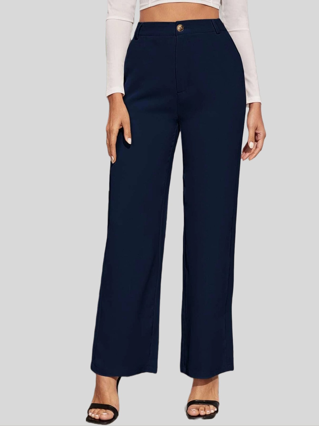 

FNOCKS Women Straight Fit Cotton High-Rise Parallel Trousers, Navy blue