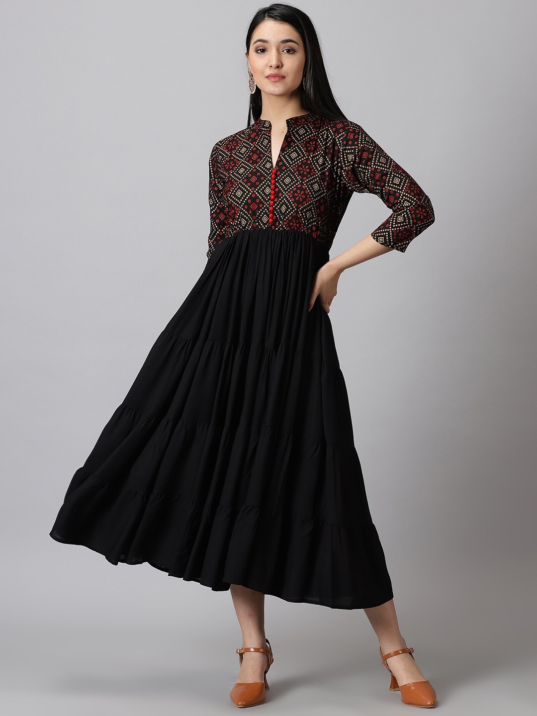 

PURSHOTTAM WALA Geometric Printed Mandarin Collar A-Line Ethnic Dress, Black