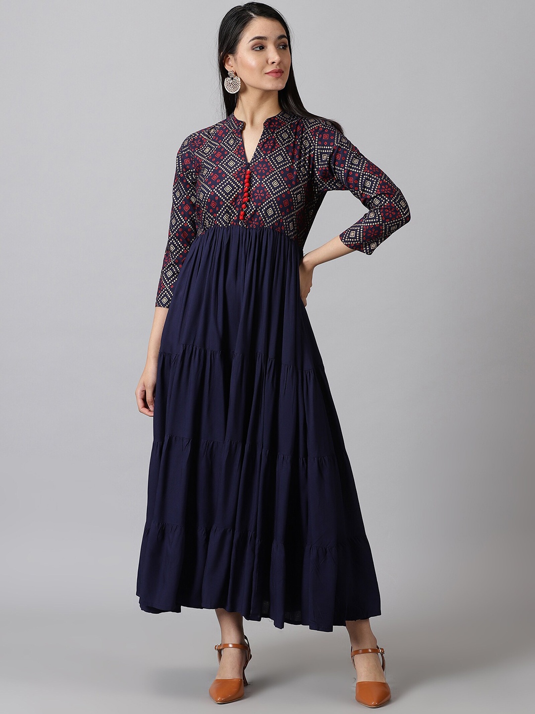 

PURSHOTTAM WALA Geometric Printed Mandarin Collar A-Line Ethnic Dress, Blue