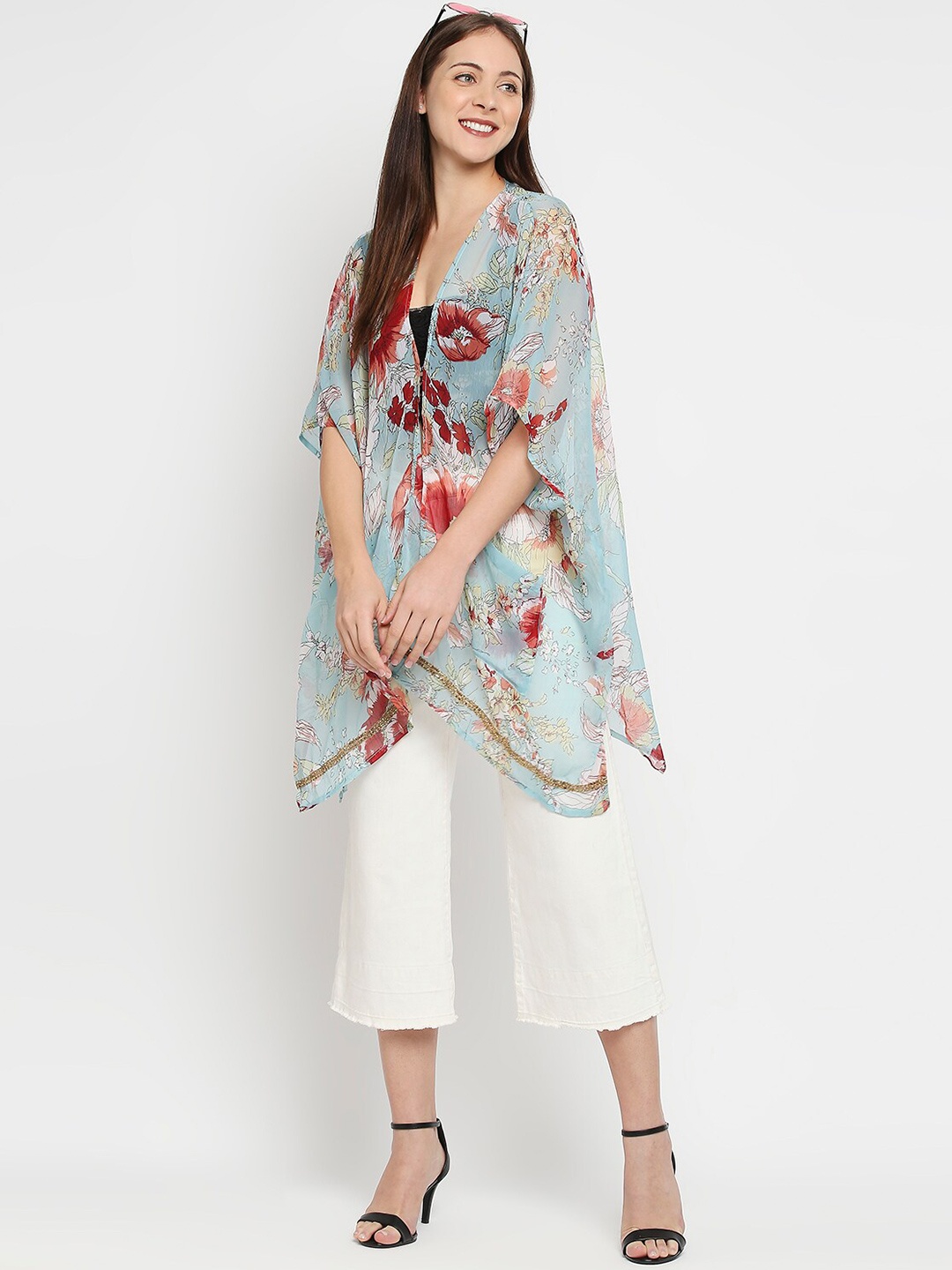 

BELLEZIYA Floral Printed Open Front Flared Sleeves Shrug, Blue