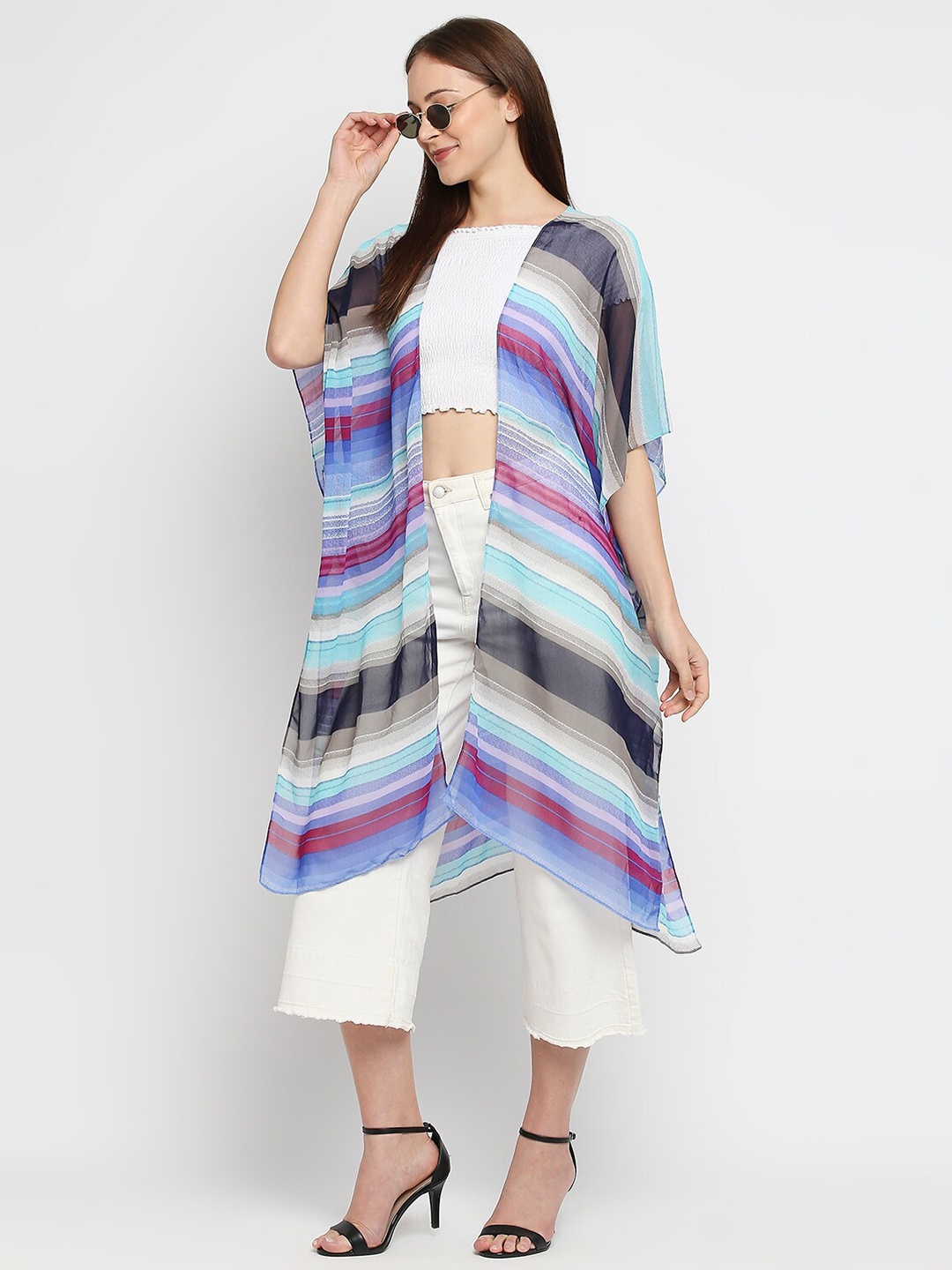 

BELLEZIYA Striped Front Open Longline Shrug, Purple