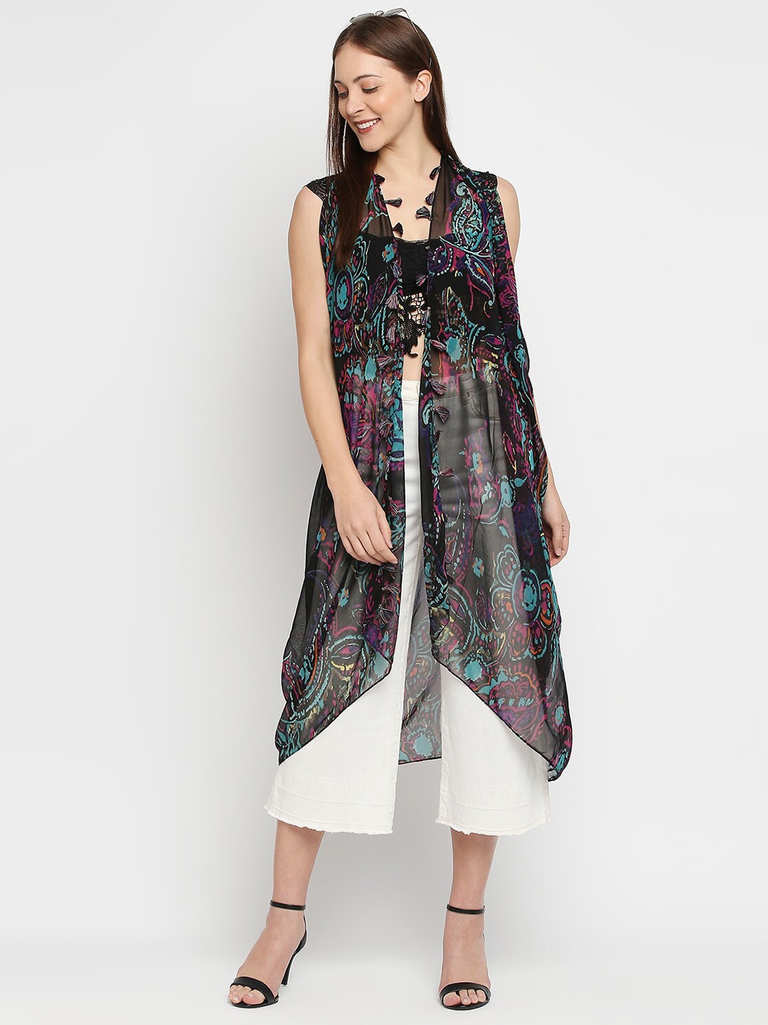 

BELLEZIYA Floral Printed Tasselled T- back Open Front Shrug, Black