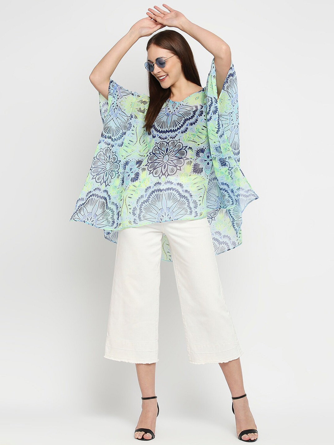 

BELLEZIYA Floral Printed V-Neck Longline Kaftan Top, Blue