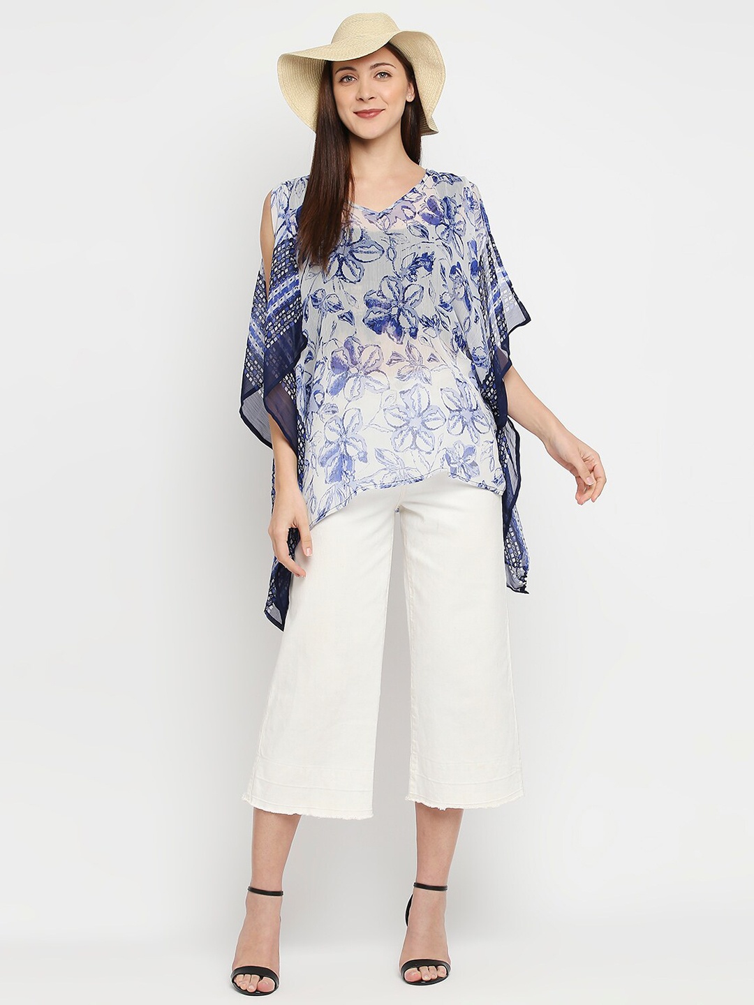 

BELLEZIYA Floral Print Kimono Sleeve Longline Kaftan Top, White