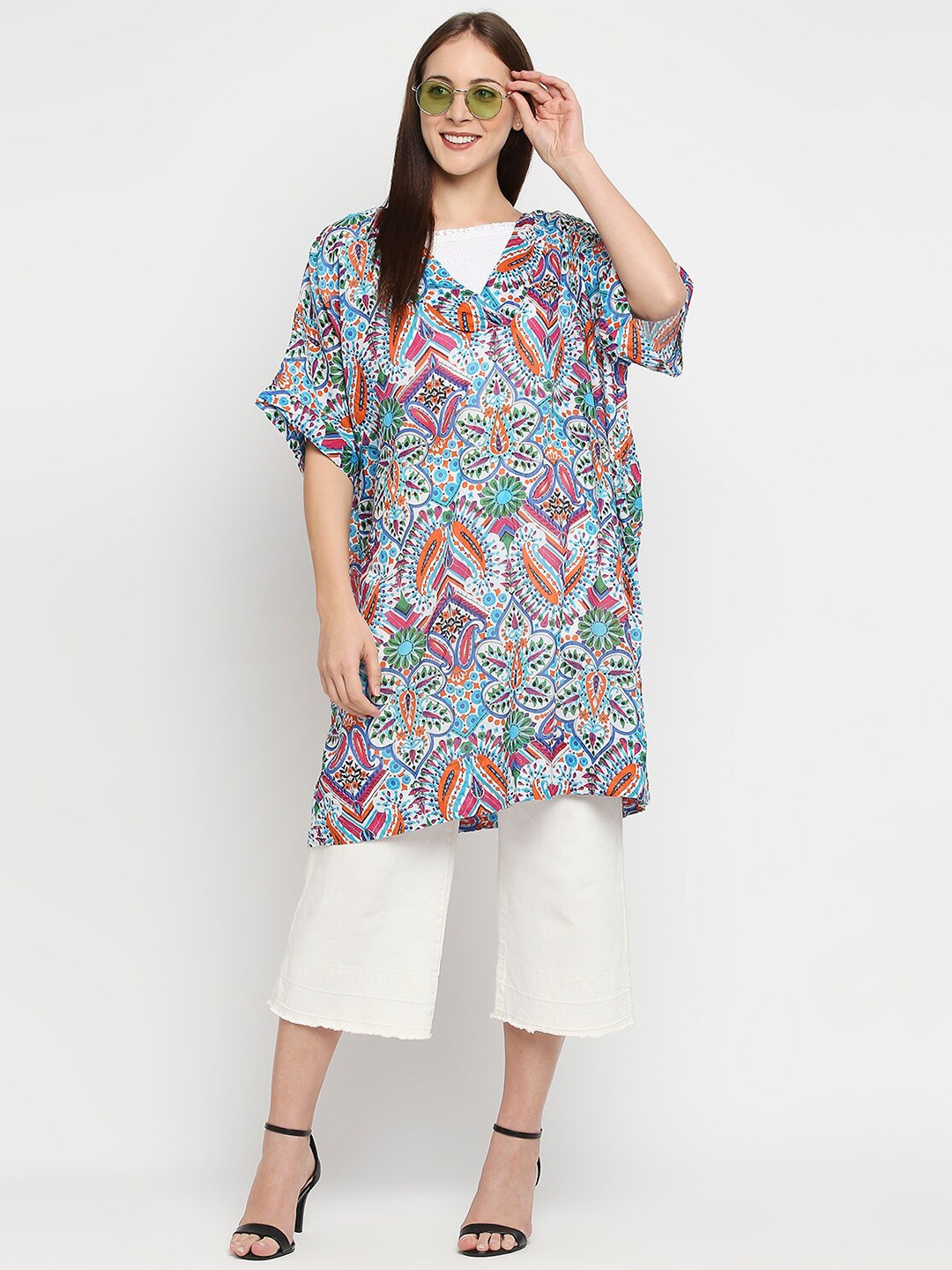 

BELLEZIYA Floral Printed V-Neck Cotton Longline Boxy Top, Blue