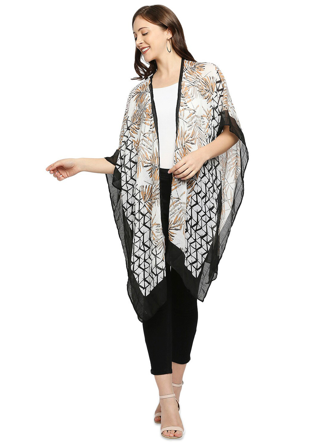 

BELLEZIYA Women Printed Embellished Longline Tropical Shrug, Brown