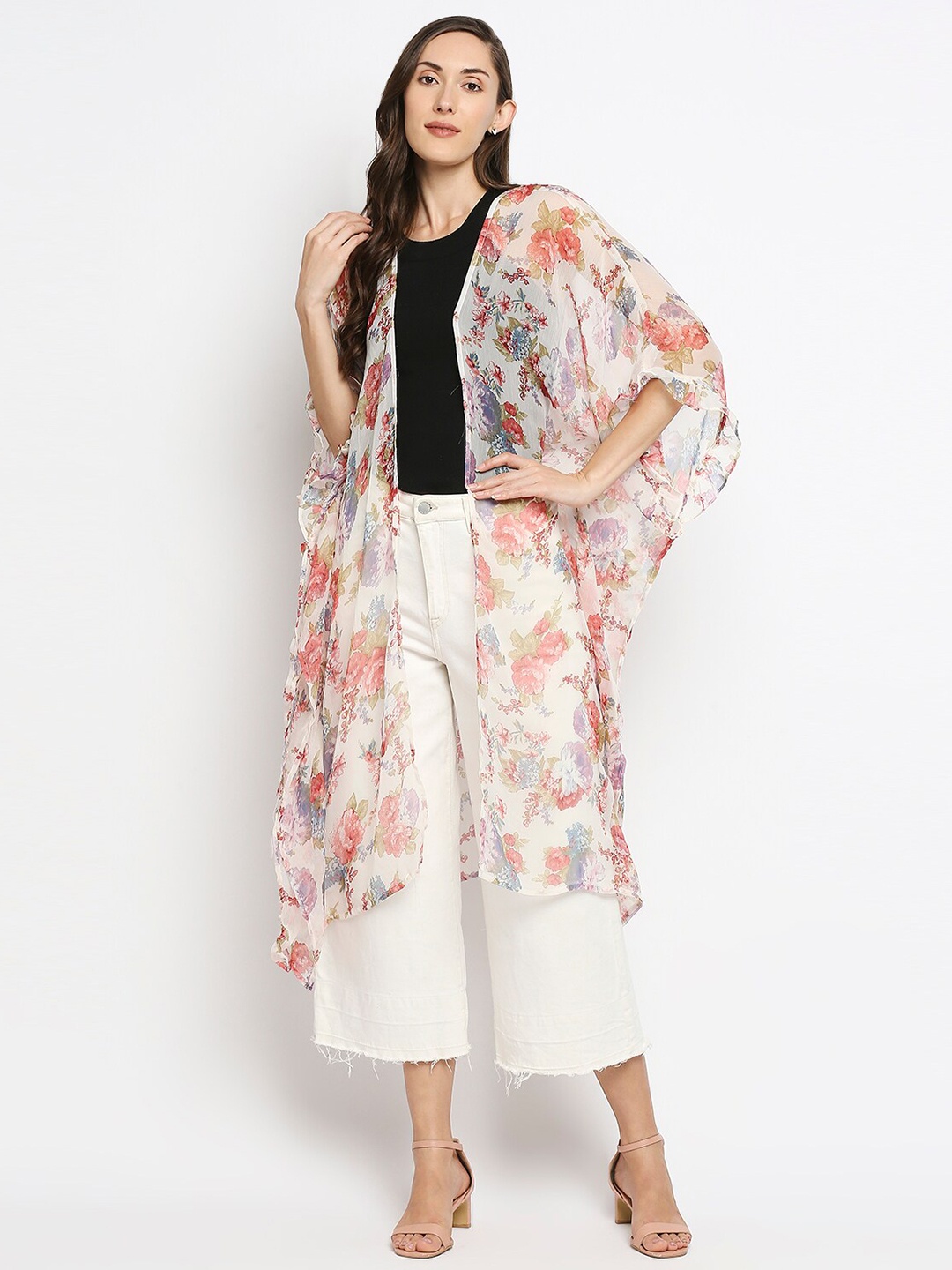 

BELLEZIYA Floral Printed Front Open Longline Shrug, Peach