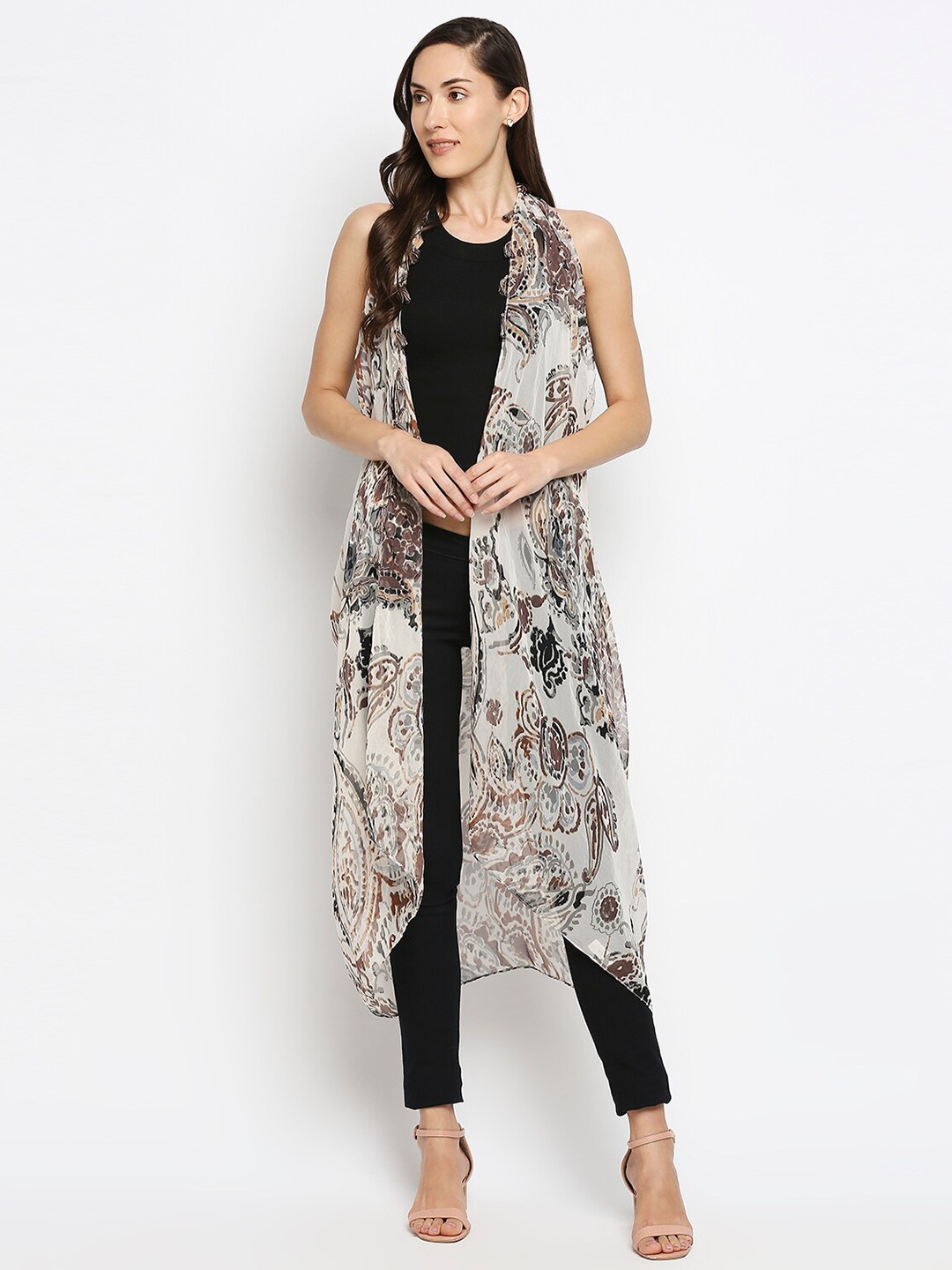 

BELLEZIYA Printed Tassels Open Front T-Back Shrug, Cream