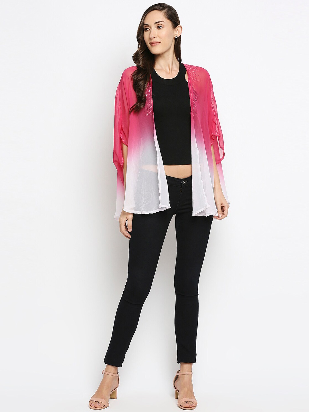 

BELLEZIYA Women Colourblocked Embellished Shrug, Pink