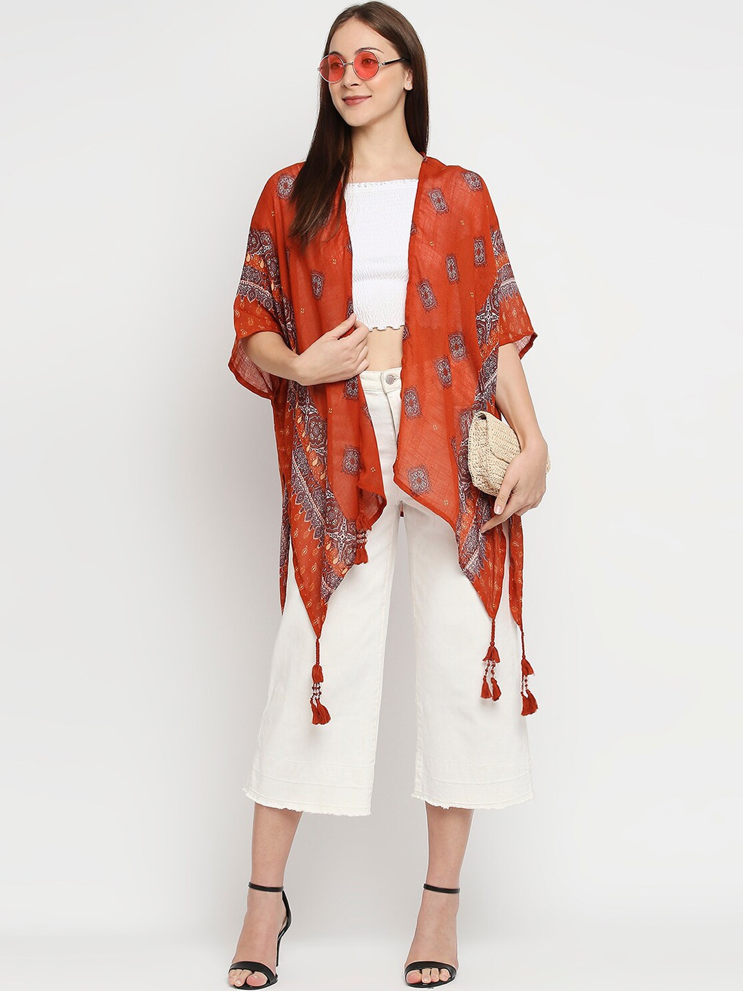 

BELLEZIYA Women Ethnic Printed Front Open Shrug, Orange