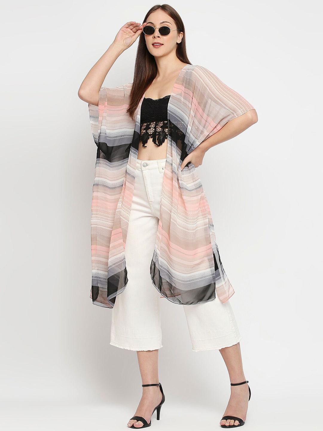 

BELLEZIYA Women Printed Front Open Longline Shrug, Pink