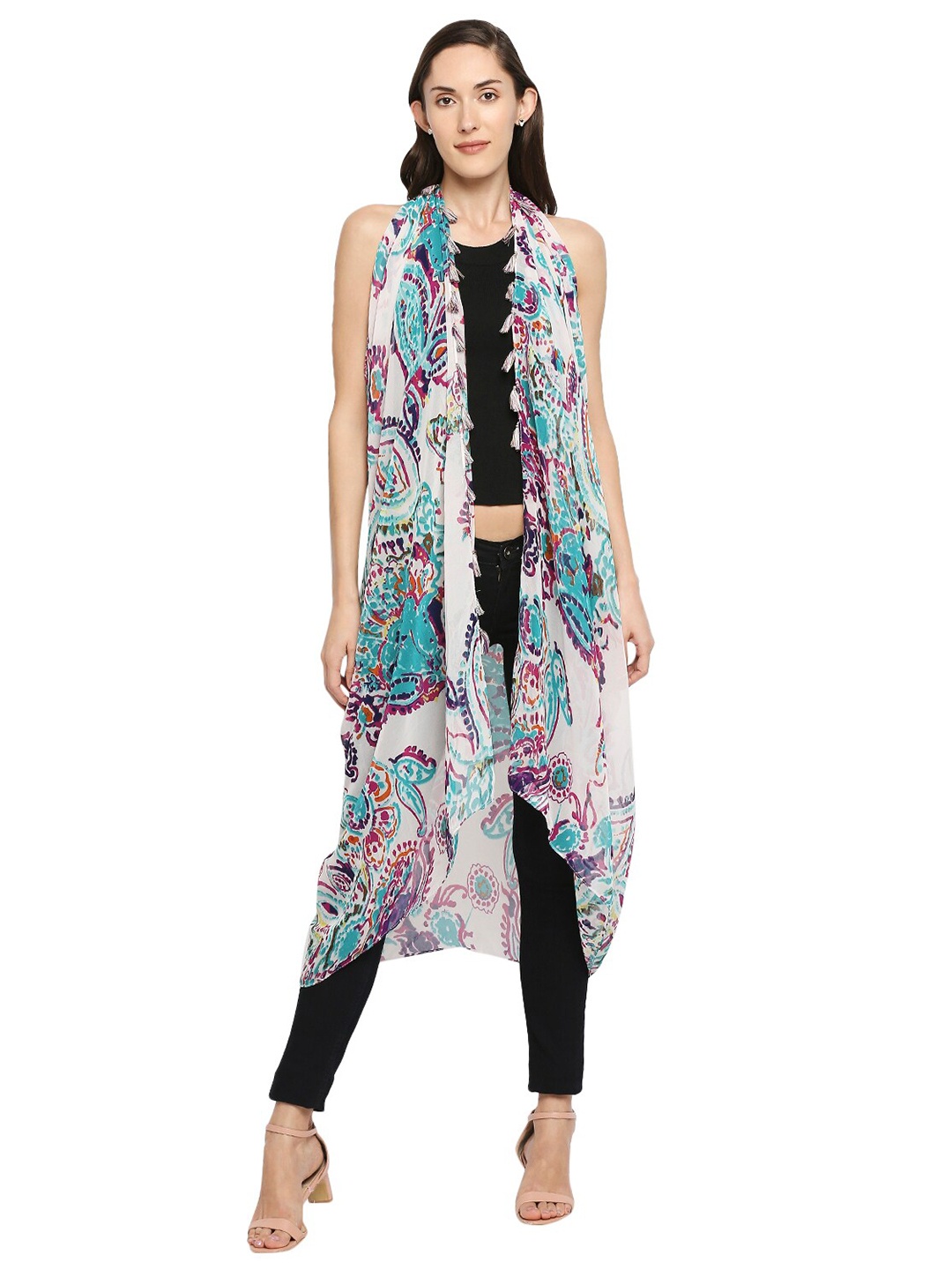 

BELLEZIYA Printed Tassels Open Front T-Back Shrug, White