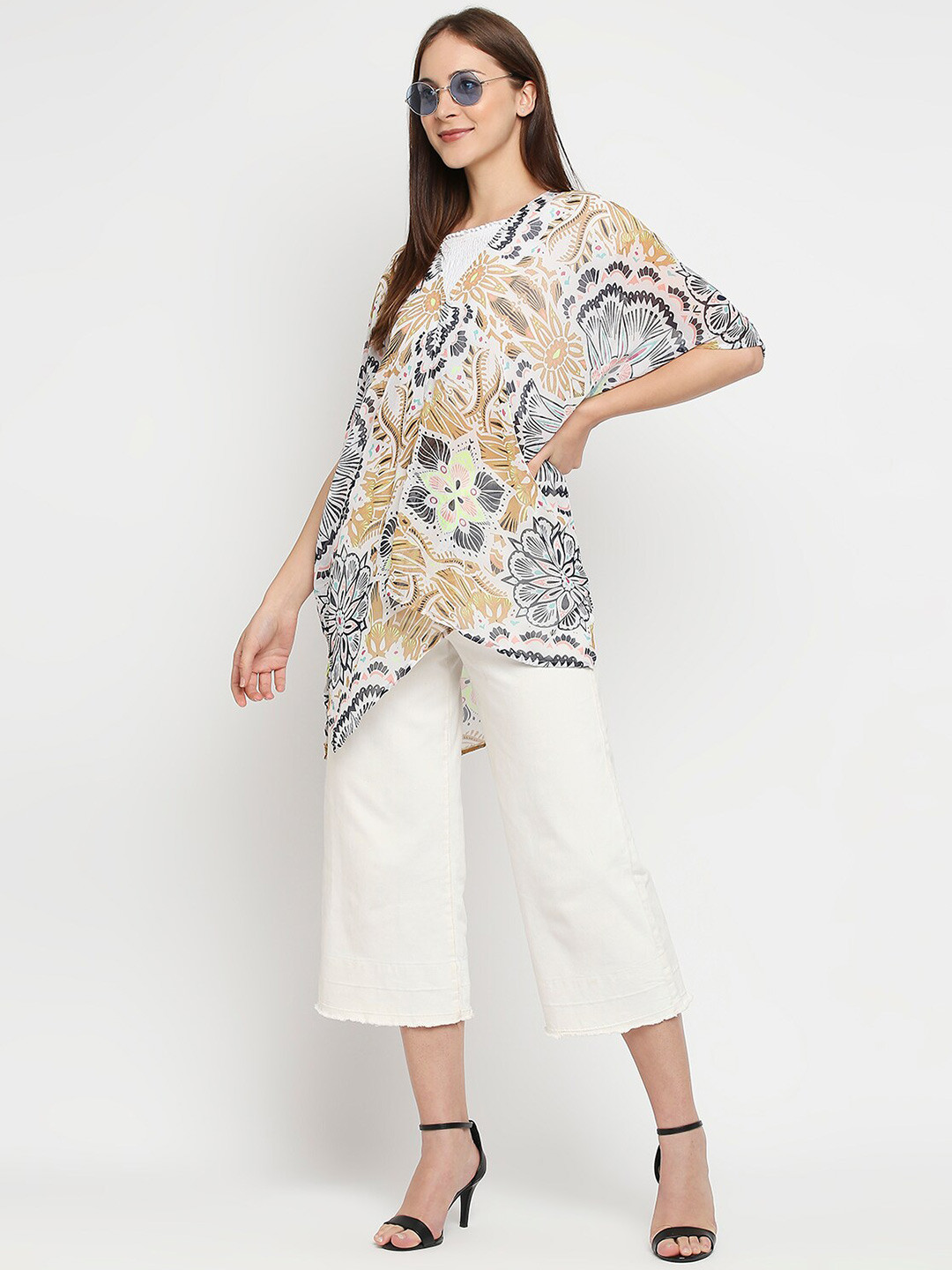 

BELLEZIYA Floral Printed Open Front Shrug, White