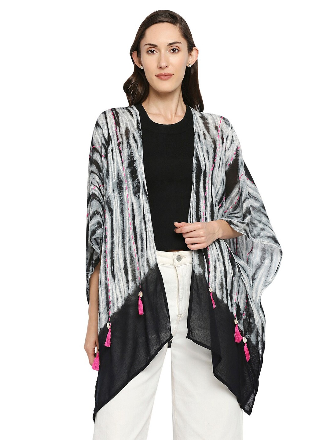 

BELLEZIYA Tie And Dye Tasselled Kimono Shrug, Black