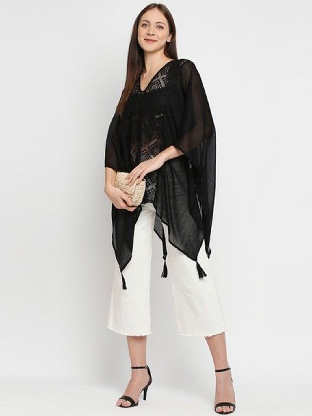 

BELLEZIYA Self Design Sheer Lace Batwing Top, Black