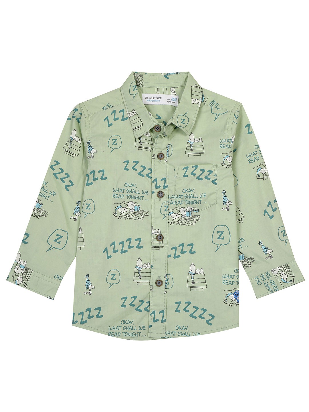 

ZERO THREE Boys Comfort Fit Opaque Snoopy Printed Formal Pure Cotton Shirt, Green