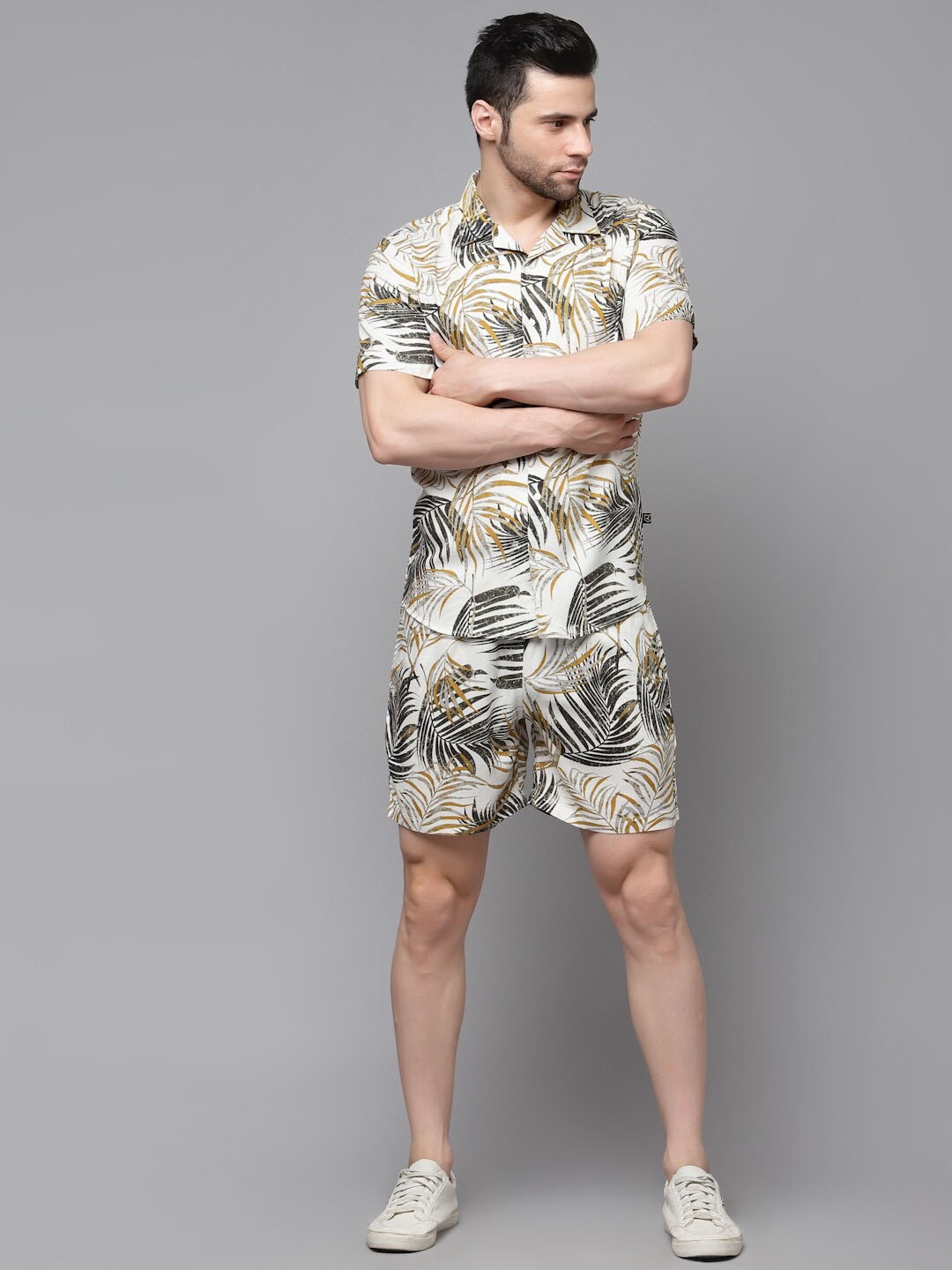 

Rigo Palm Leaves Printed Slim Fit Shirt & Shorts Co-Ords, White