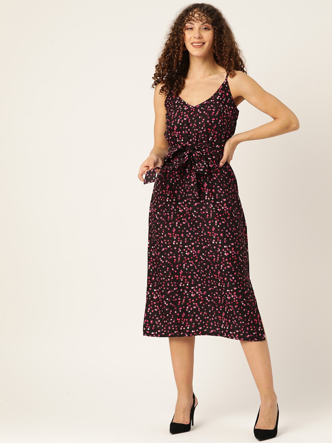 

Sleek Italia Conversational Printed Belted A-Line Midi Dress, Black