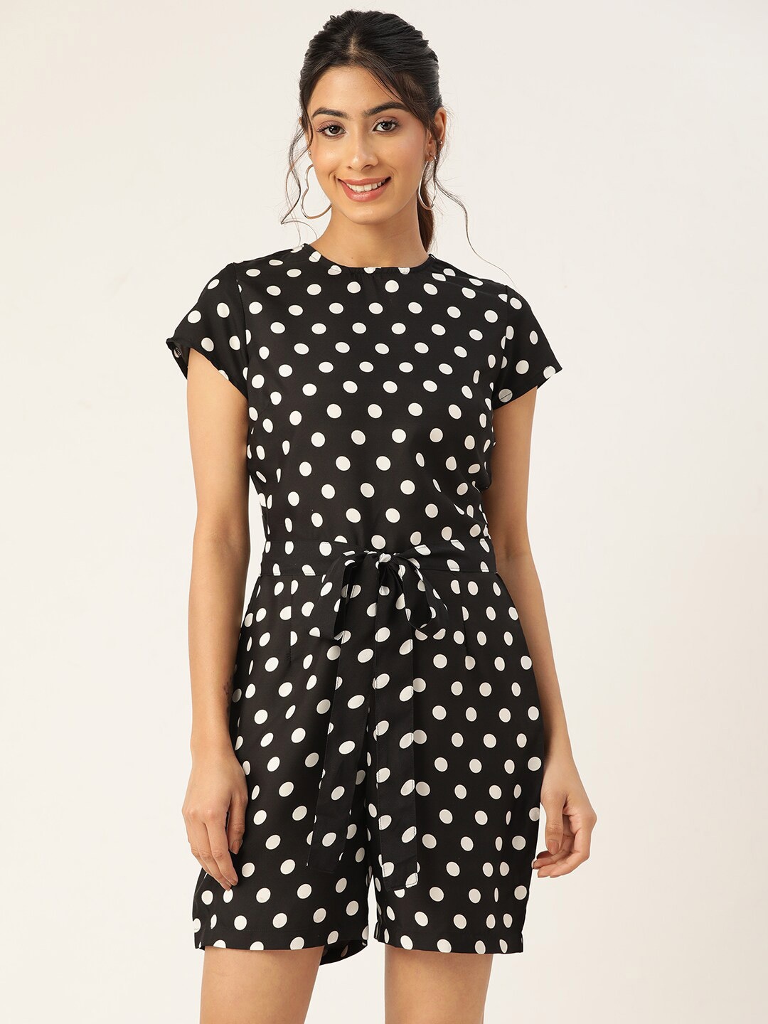 

Sleek Italia Women Polka Dots Printed Waist Tie-Ups Playsuit, Black