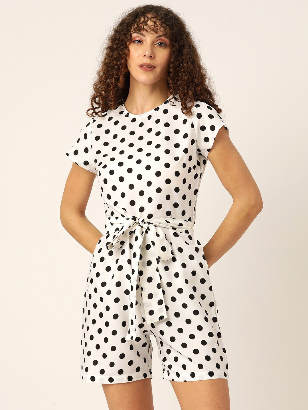 

Sleek Italia Women Polka Dots Printed Waist Tie-Ups Playsuit, White