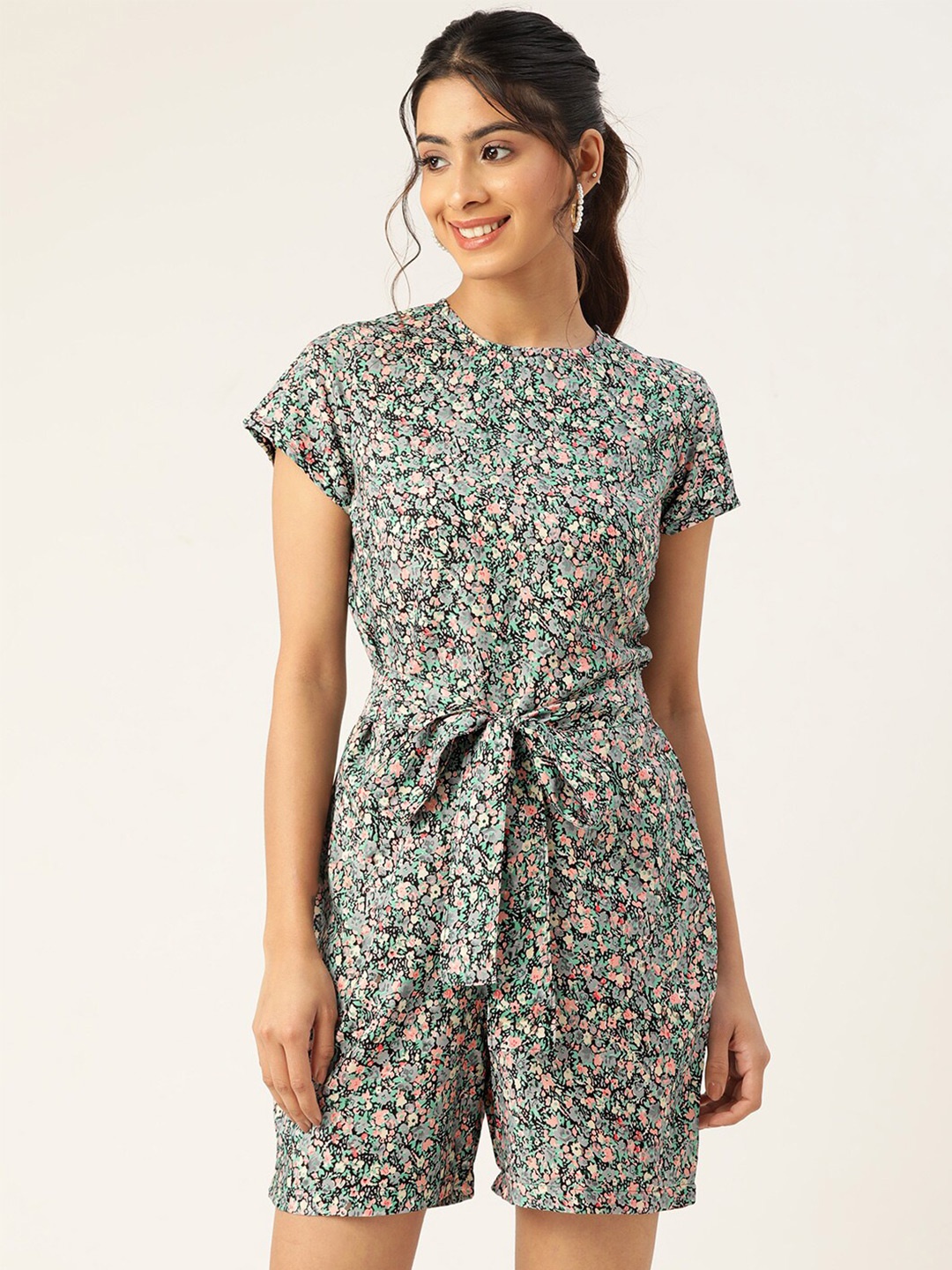 

Sleek Italia Floral Printed Playsuit With Waist Tie-Ups, Black