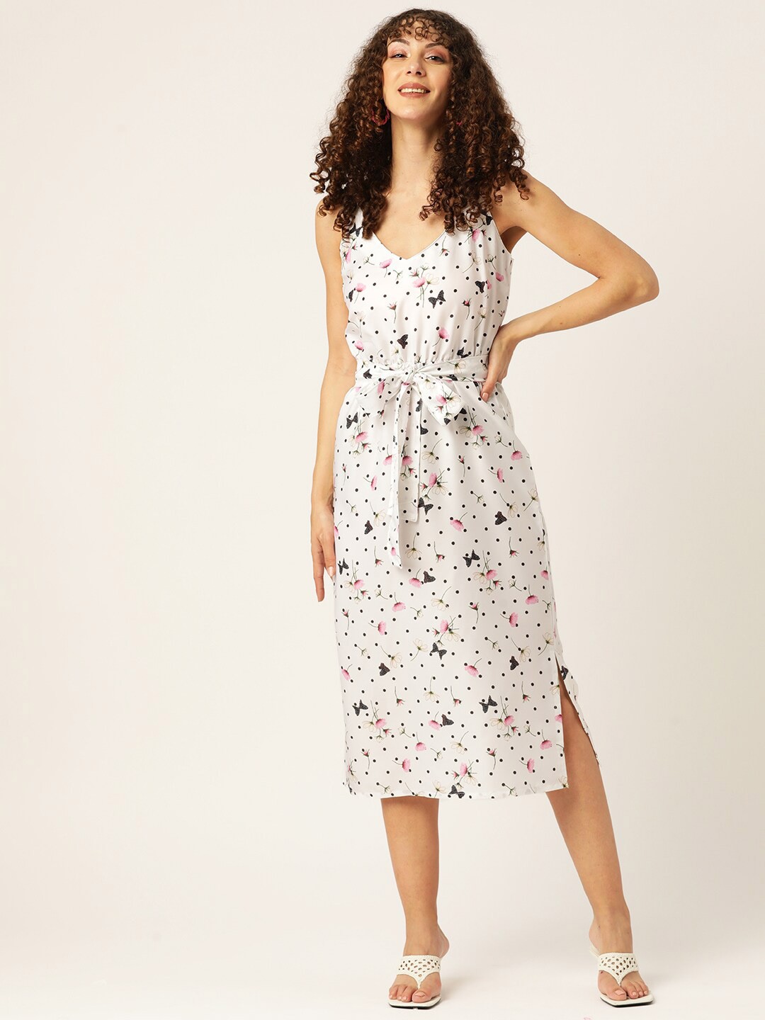 

Sleek Italia Side Slit Sleeveless Floral Printed A-Line Midi Dress, White