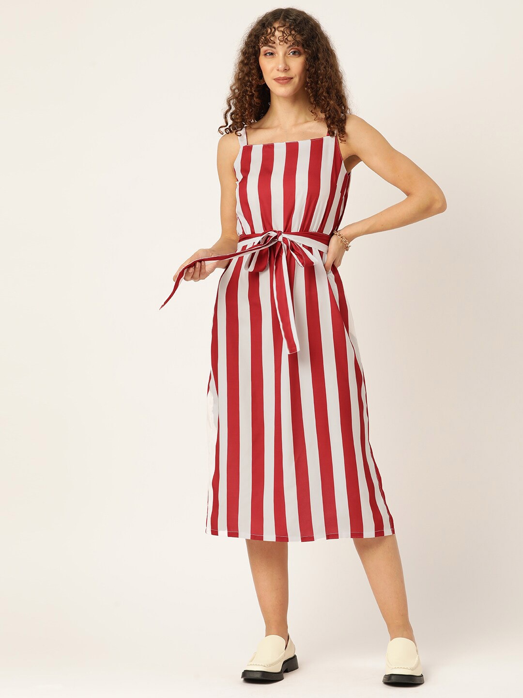 

Sleek Italia Striped Shoulder Straps A-Line Midi Dress, Red