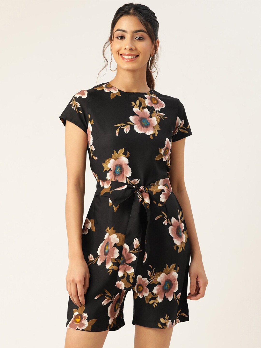 

Sleek Italia Floral Printed Playsuit With Waist Tie-Ups, Black