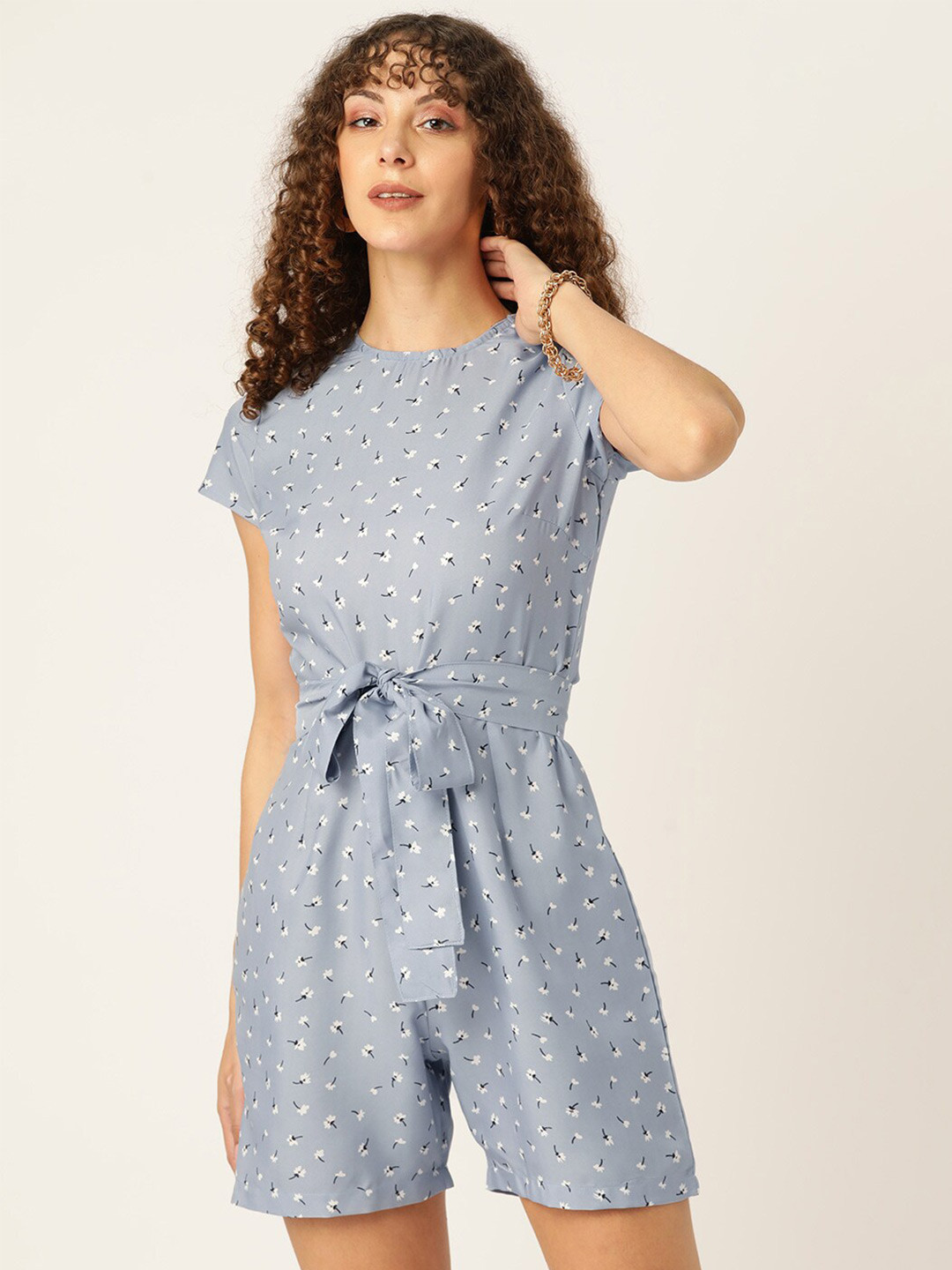 

Sleek Italia Floral Printed Playsuit With Waist Tie-Ups, Grey