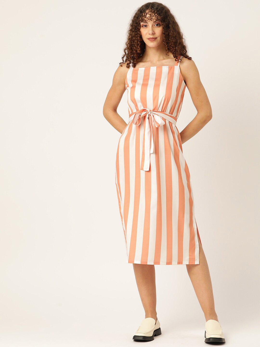 

Sleek Italia Striped Belted Side Slit A-Line Midi Dress, Peach