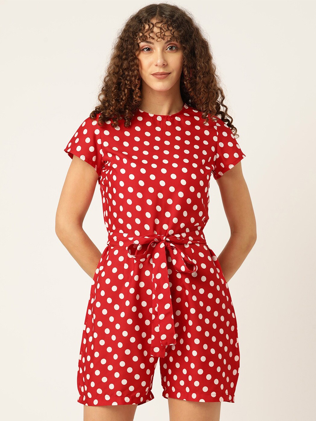 

Sleek Italia Polka Dot Printed Playsuit With Waist Tie-Ups, Red