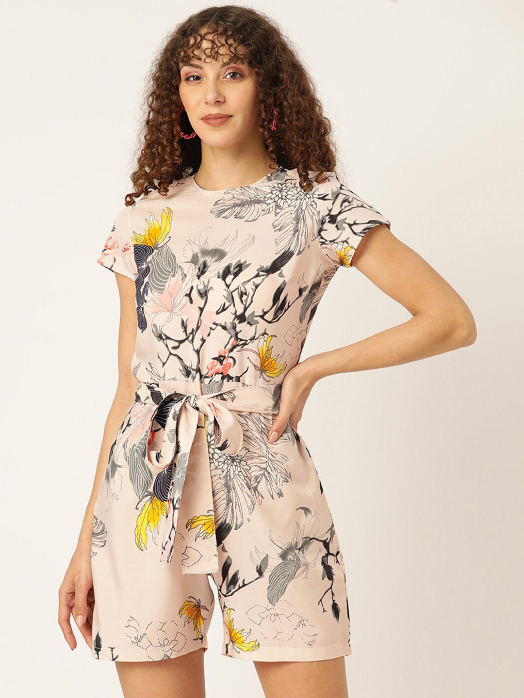 

Sleek Italia Floral Printed Playsuit With Waist Tie-Ups, Beige