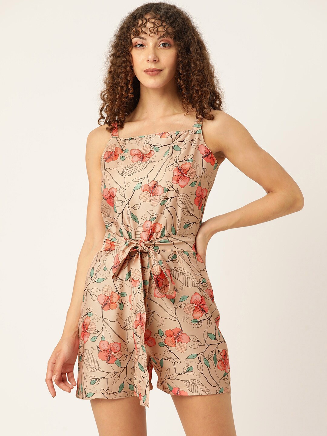 

Sleek Italia Floral Printed Shoulder Straps Playsuit Jumpsuit, Beige